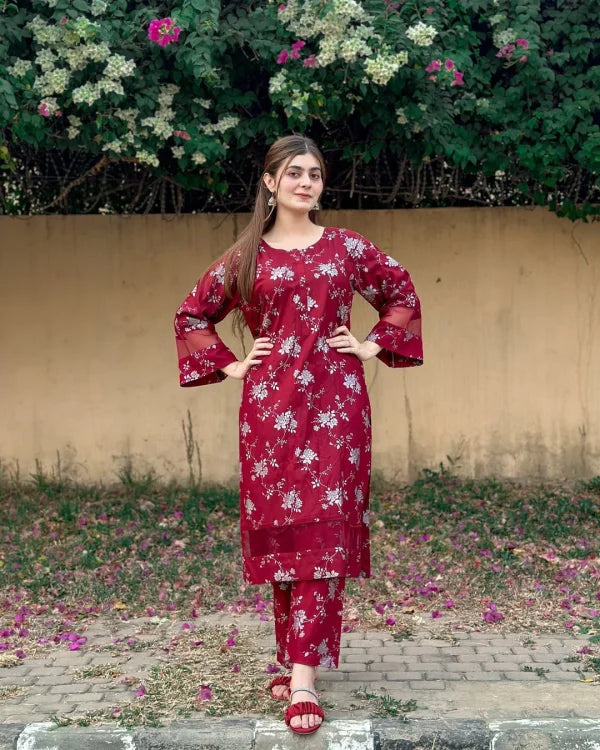 2pcs Flower Printed Suit Stitched Suit Stone Winter Linen Suit Winter Collection (maroon)