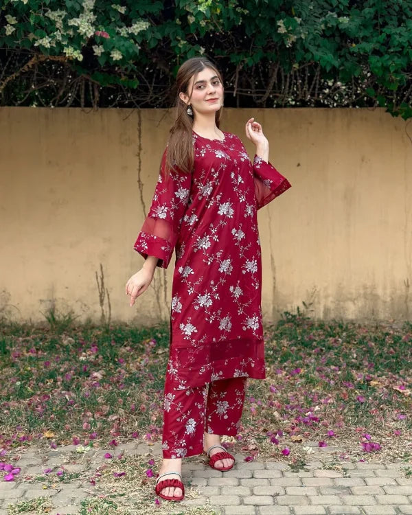 2pcs Flower Printed Suit Stitched Suit Stone Winter Linen Suit Winter Collection (maroon)