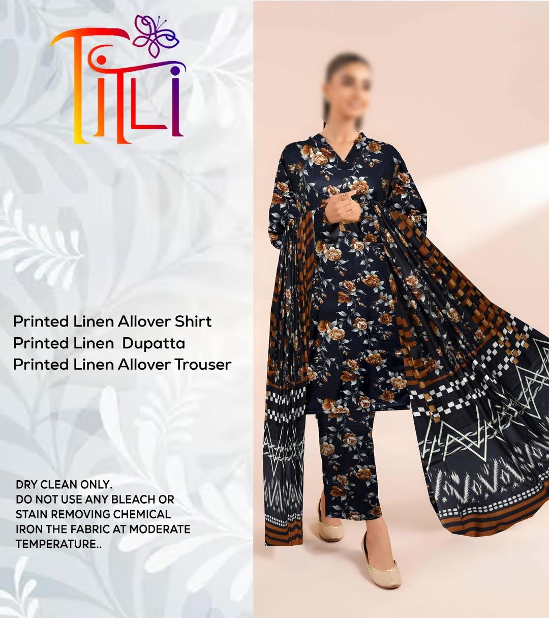3 Pcs Women's Unstitched Linen Digital Print Suit (Black).