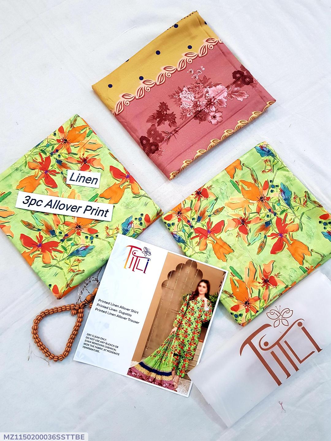 3 Pcs Women's Unstitched Linen Digital Print Suit(Refreshing Green).