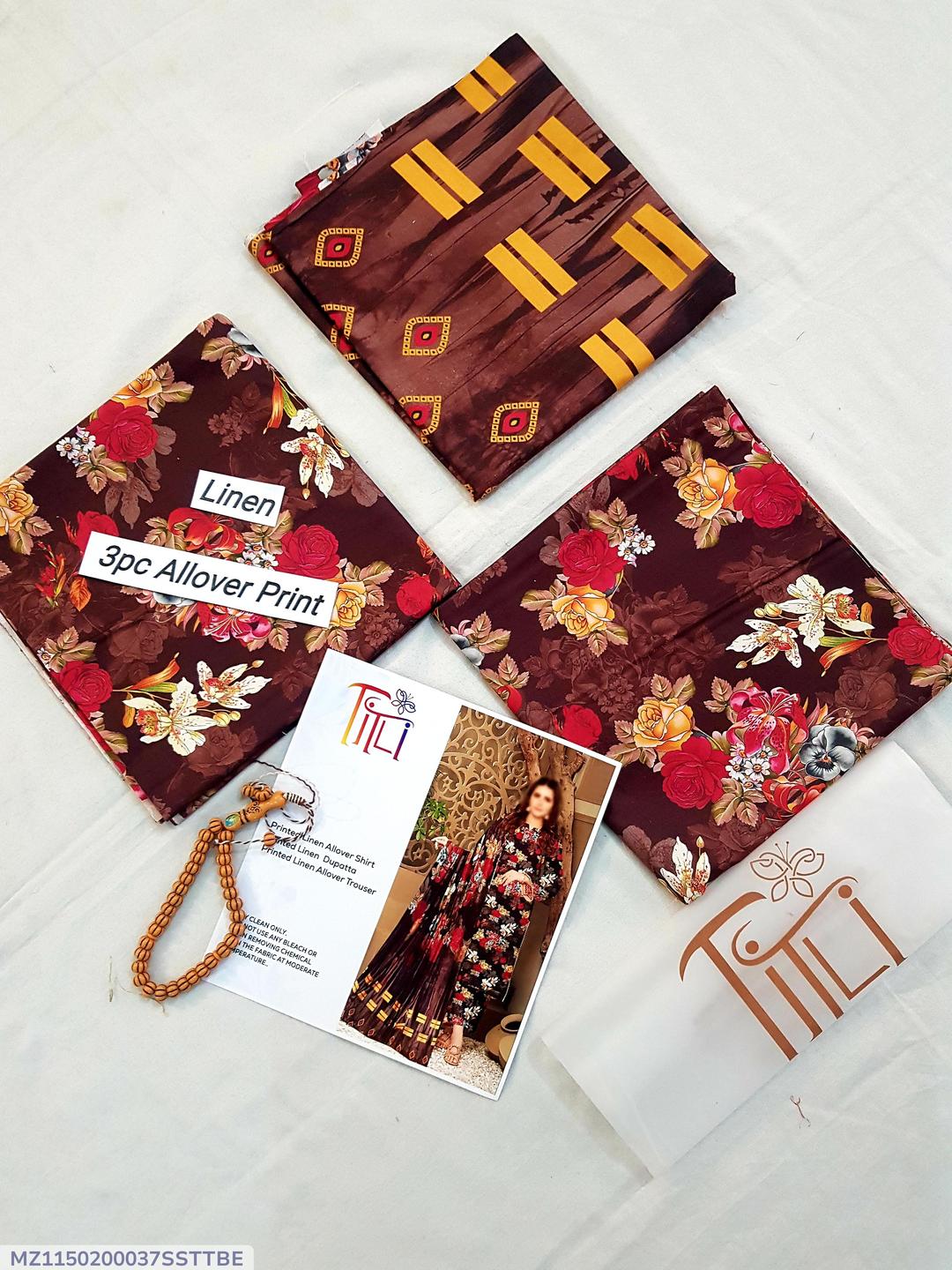 3 Pcs Women's Unstitched Linen Digital Print Suit(Rich Brown).