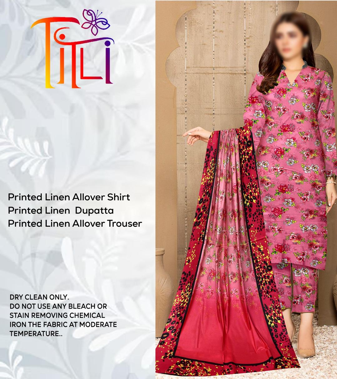 3 Pcs Women's Unstitched Linen Digital Print Suit(Pink).