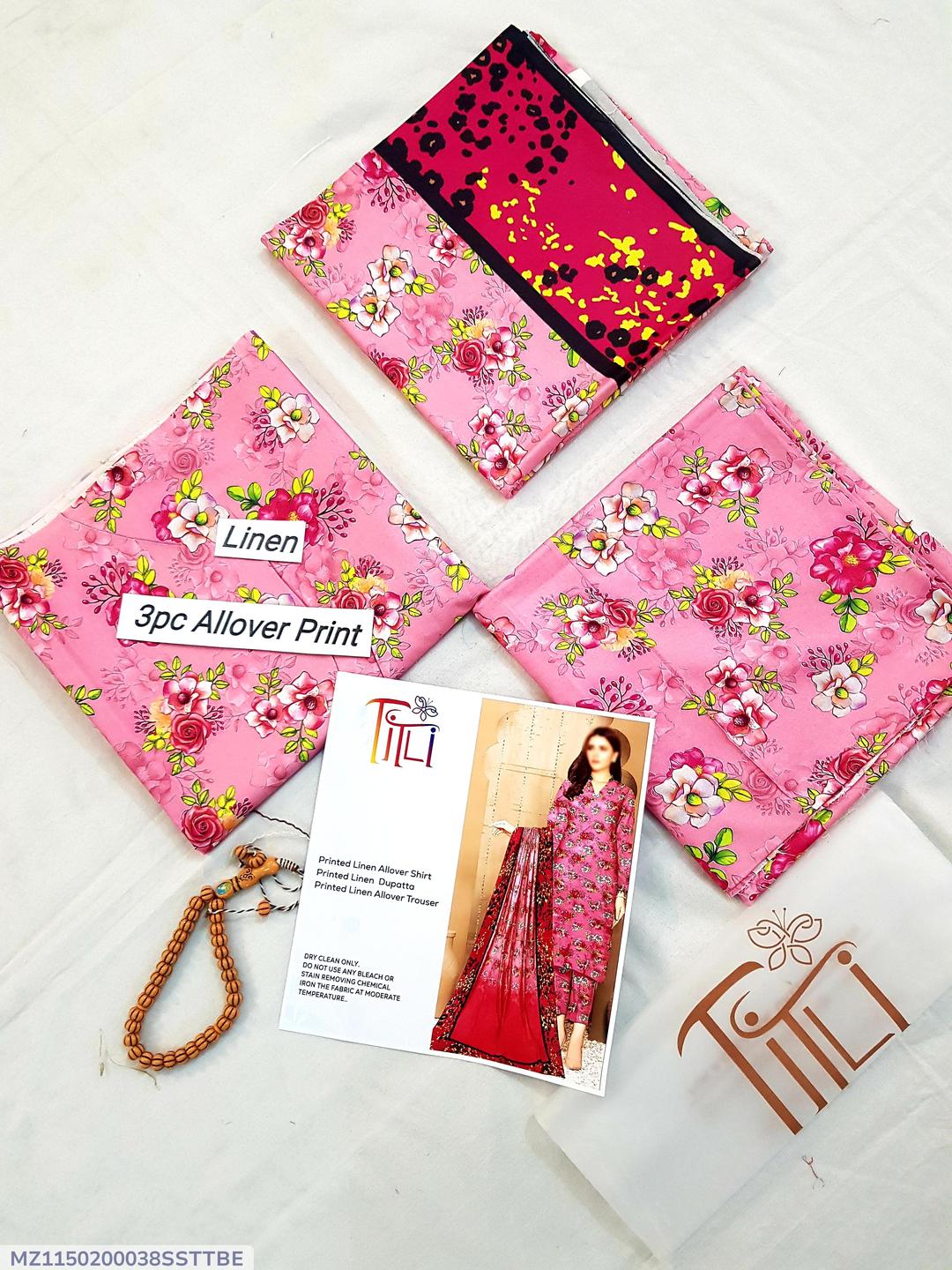 3 Pcs Women's Unstitched Linen Digital Print Suit(Pink).