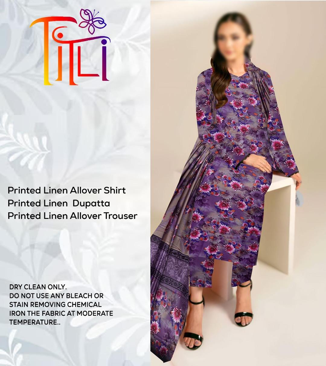 3 Pcs Women's Unstitched Linen Digital Print Suit (Purple).
