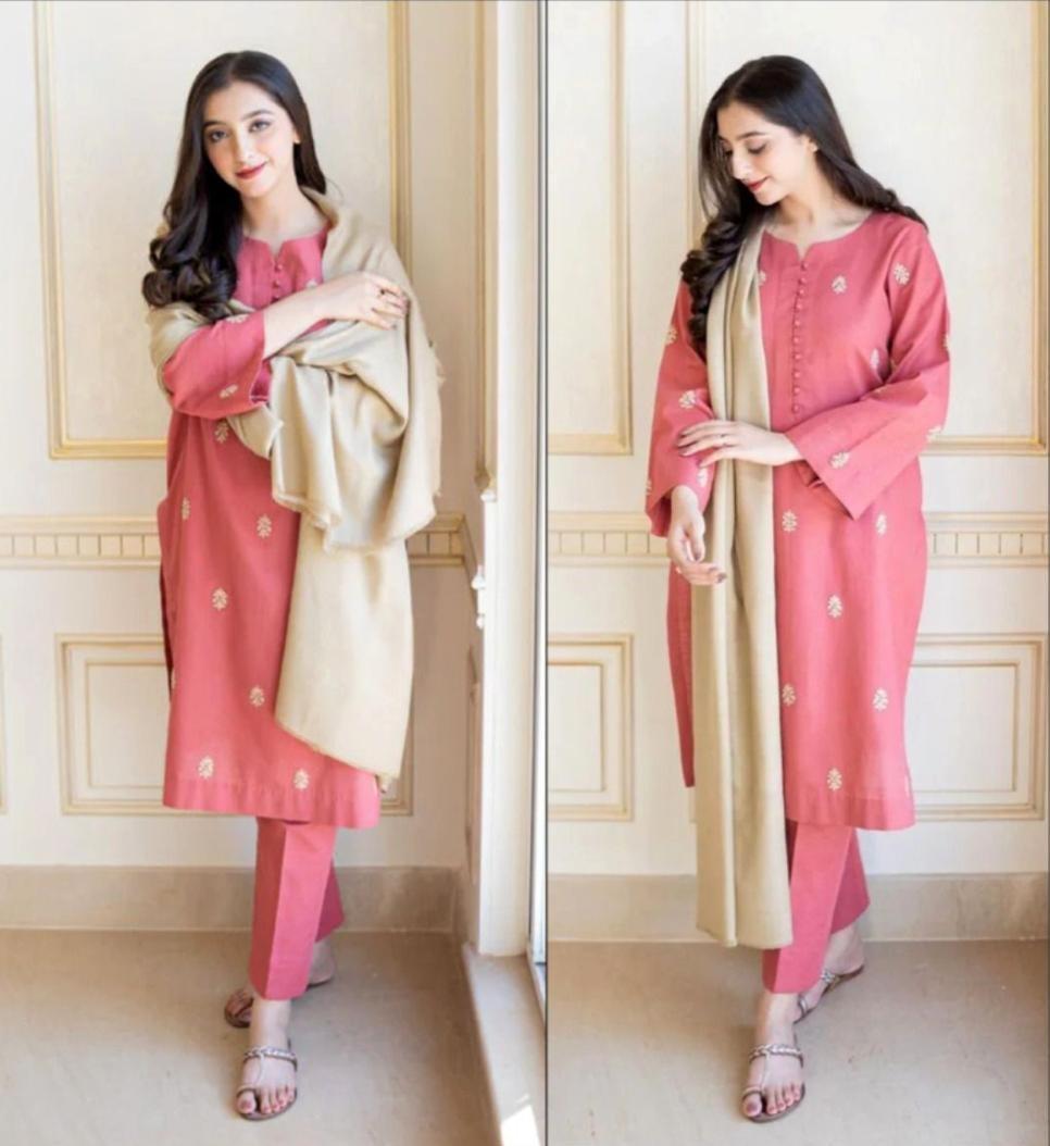 3 Pcs Women's Unstitched Dhanak Embroidered Suit (pink ).