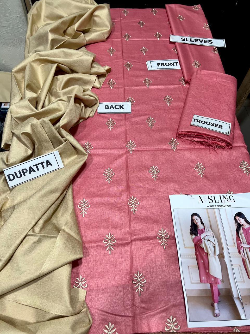 3 Pcs Women's Unstitched Dhanak Embroidered Suit (pink ).