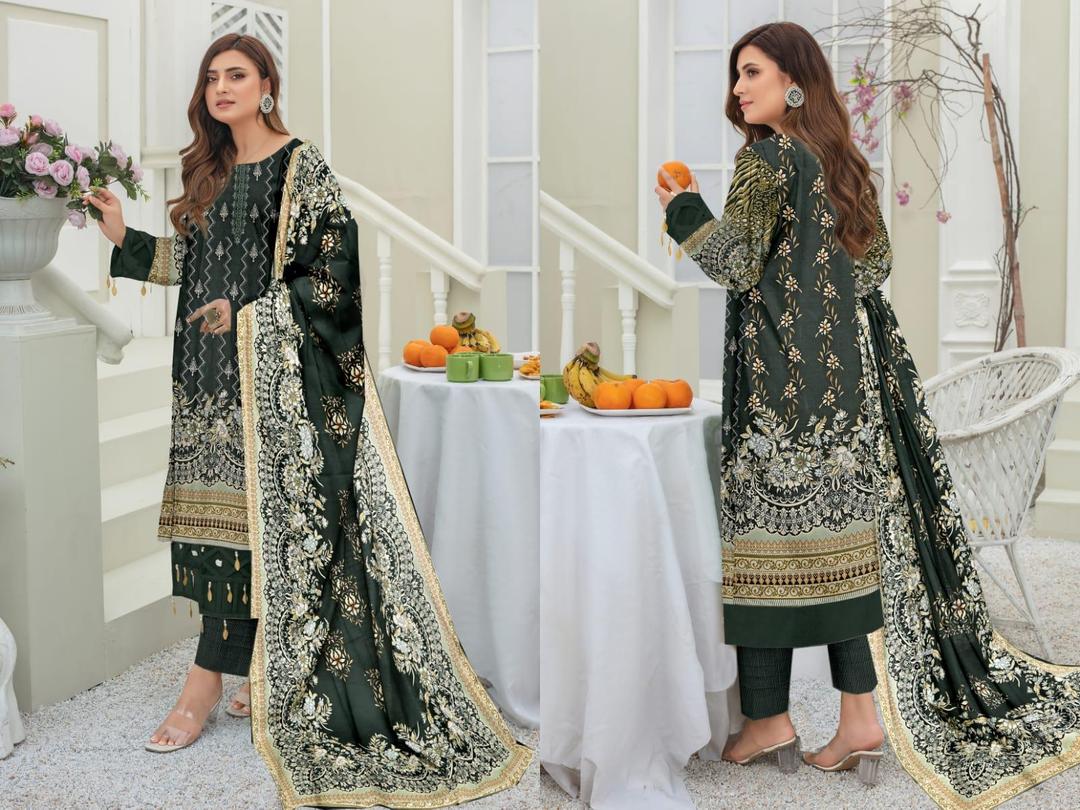 3 Pcs Women's Unstitched Khaddar Printed Suit (Rich Greenn).