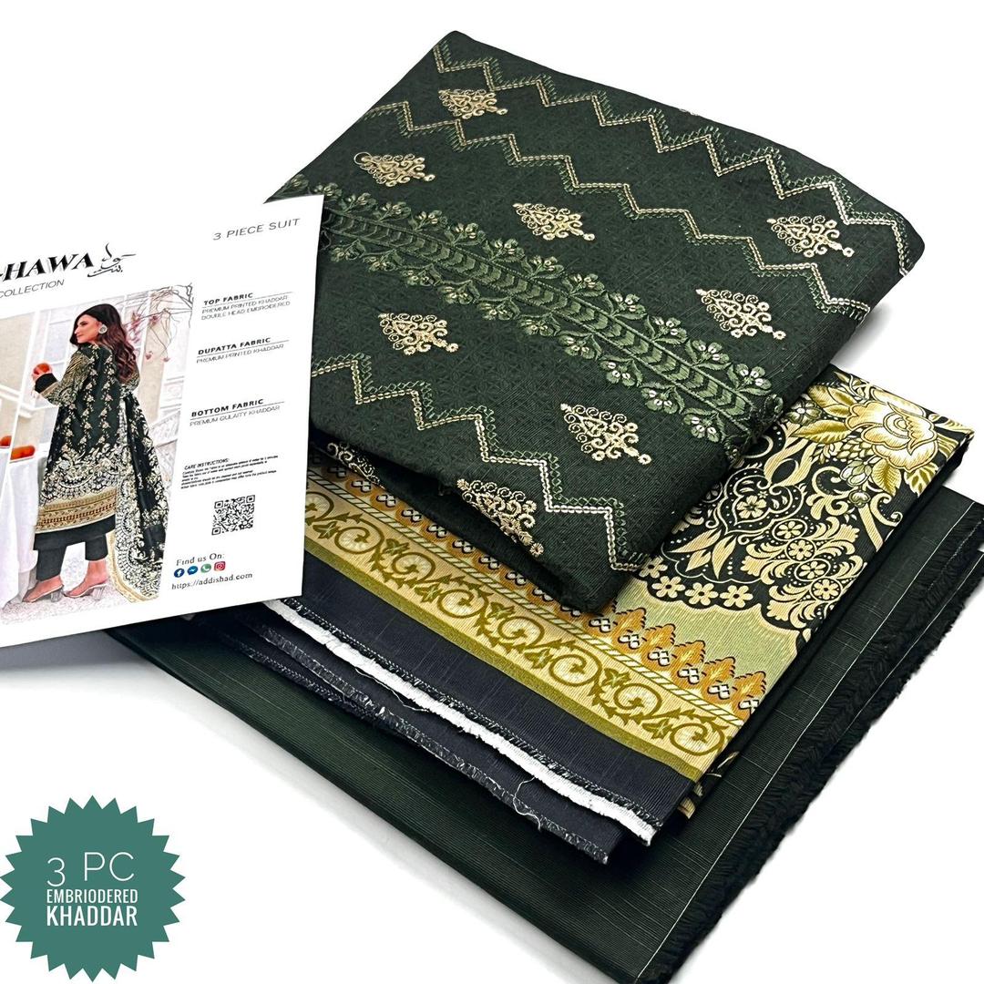 3 Pcs Women's Unstitched Khaddar Printed Suit (Rich Greenn).