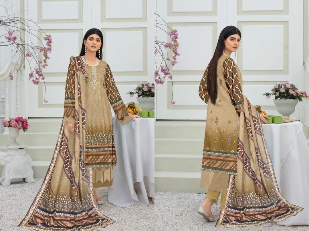 3 Pcs Women's Unstitched Khaddar Printed Suit (rich Brown).