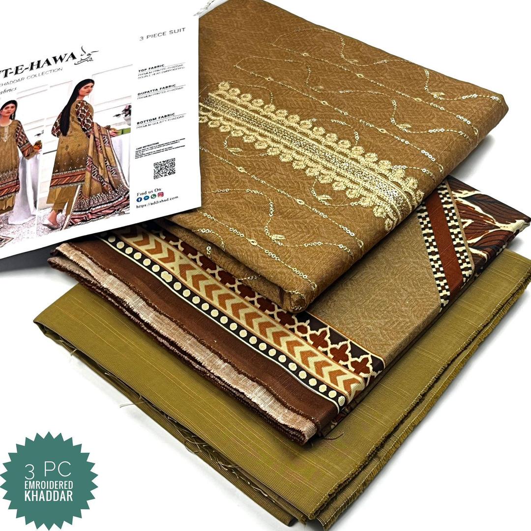3 Pcs Women's Unstitched Khaddar Printed Suit (rich Brown).