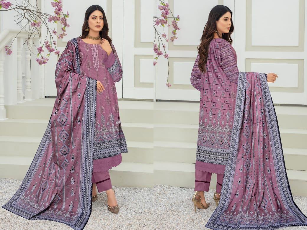3 Pcs Women's Unstitched Khaddar Printed Suit (Vibrant Purple)