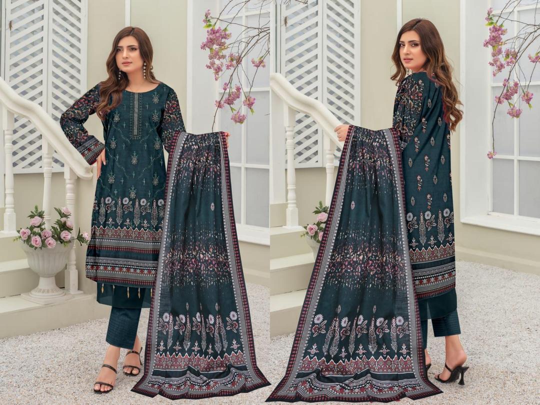 3 Pcs Women's Unstitched Khaddar Printed Suit (Rich Green).