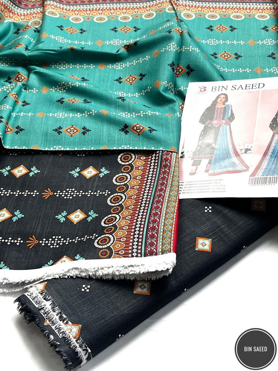 3 Pcs Women's Unstitched Khaddar Printed Suit (Black).