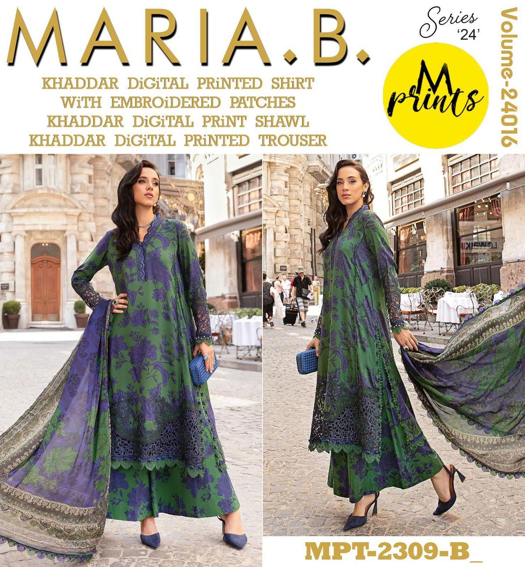 3 Pcs Women's Unstitched Khaddar Printed Embroidered Suit (Fresh Green).