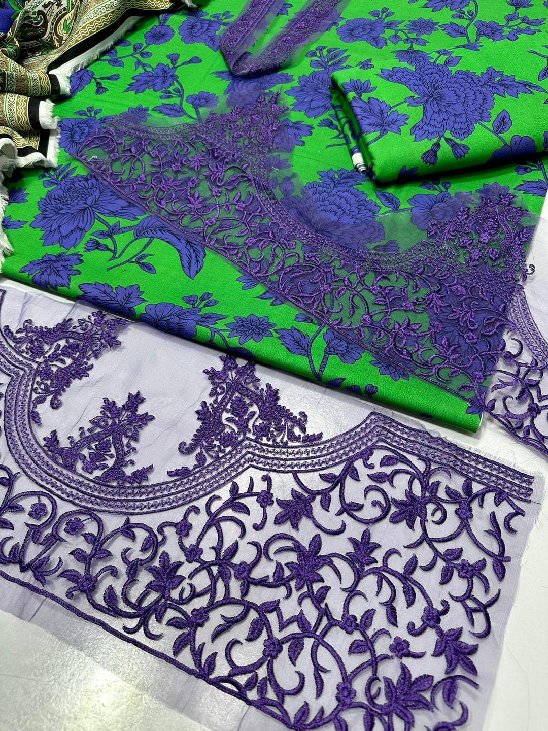 3 Pcs Women's Unstitched Khaddar Printed Embroidered Suit (Fresh Green).
