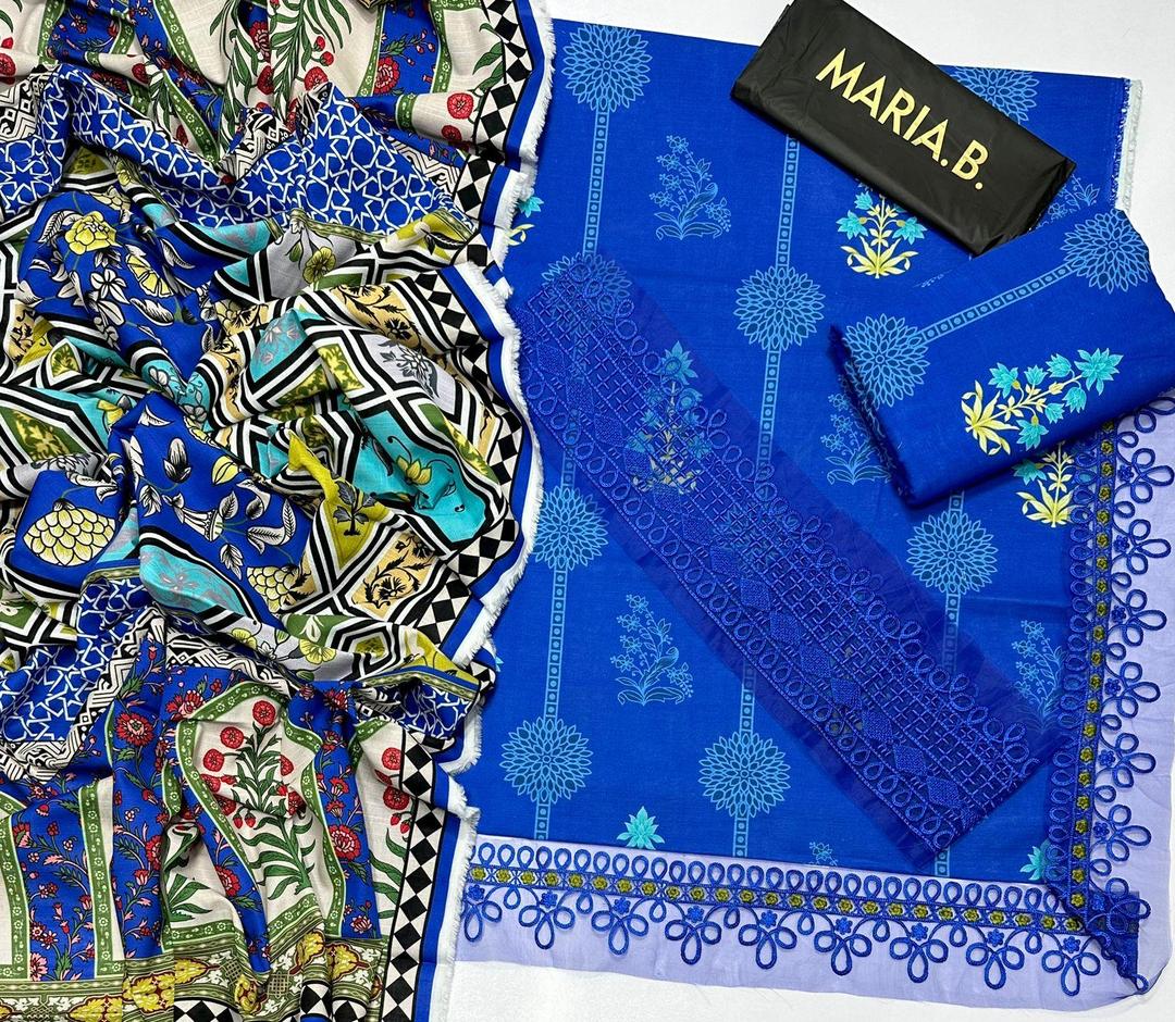 3 Pcs Women's Unstitched Khaddar Printed Embroidered Suit (Elegant Blue).