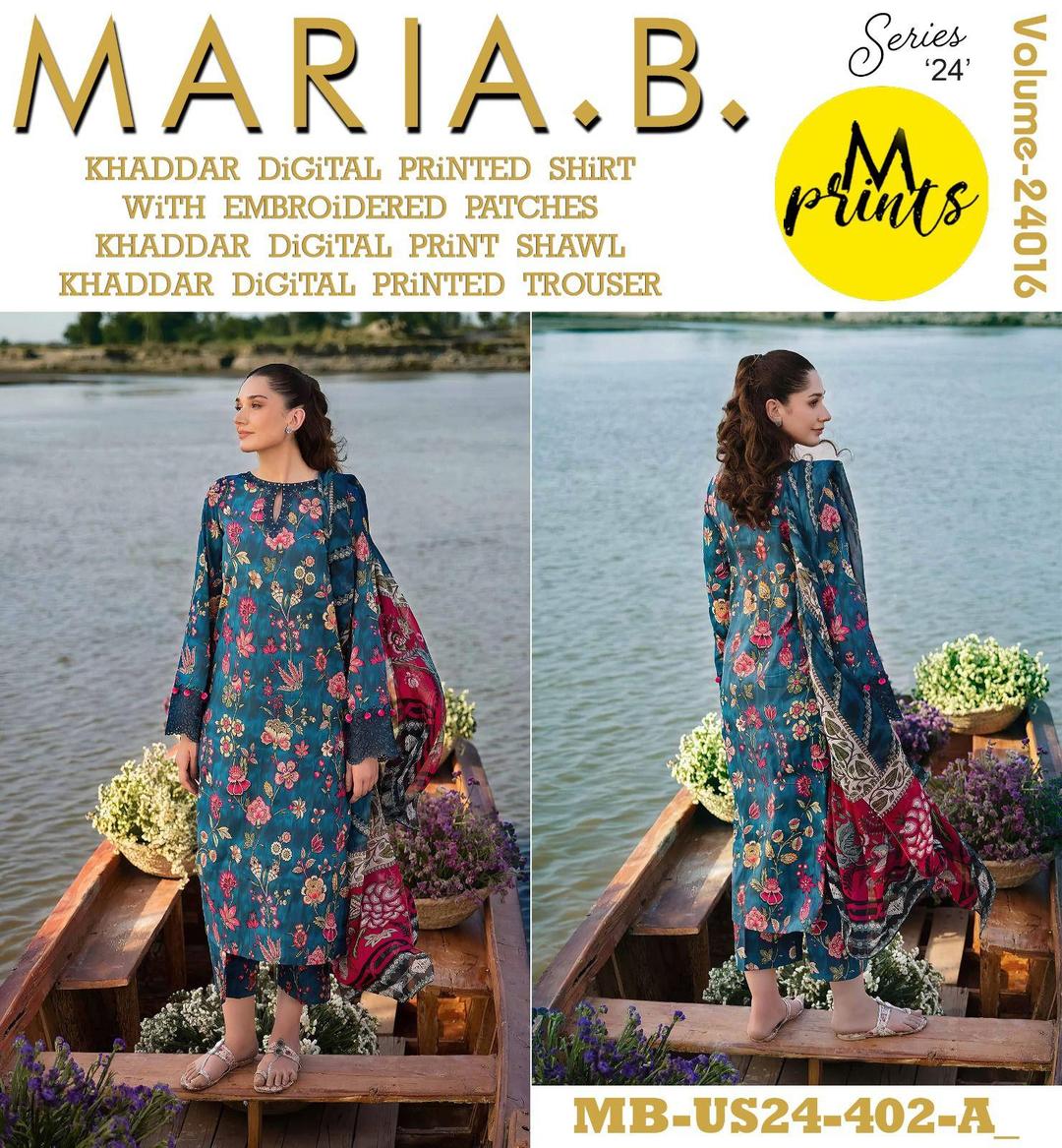 3 Pcs Women's Unstitched Khaddar Printed Embroidered Suit (Blueee).