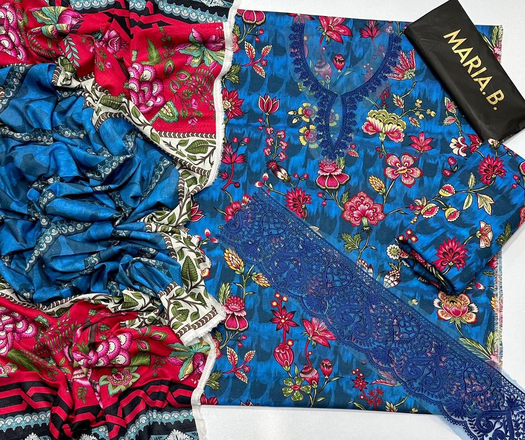3 Pcs Women's Unstitched Khaddar Printed Embroidered Suit (Blueee).