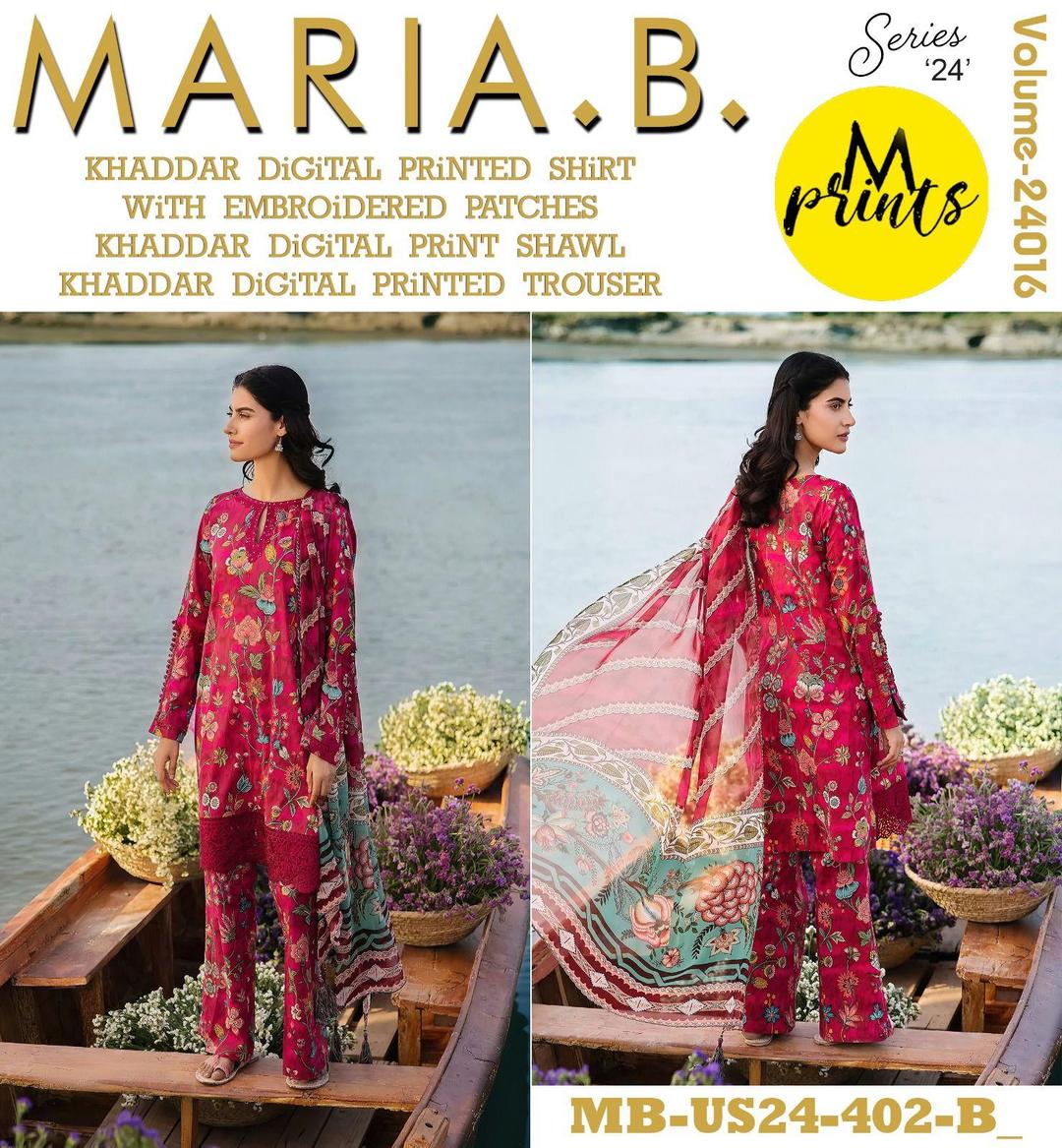 3 Pcs Women's Unstitched Khaddar Printed Embroidered Suit (red).