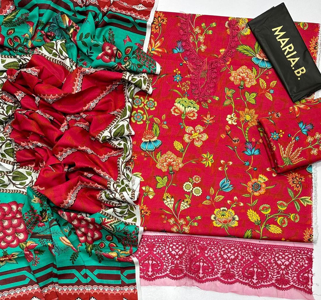 3 Pcs Women's Unstitched Khaddar Printed Embroidered Suit (red).