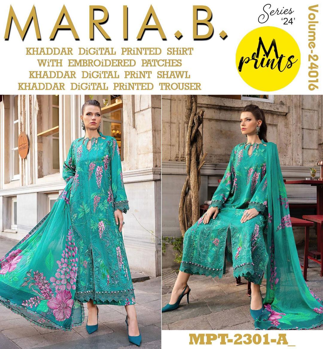 3 Pcs Women's Unstitched Khaddar Printed Embroidered Suit (blue).