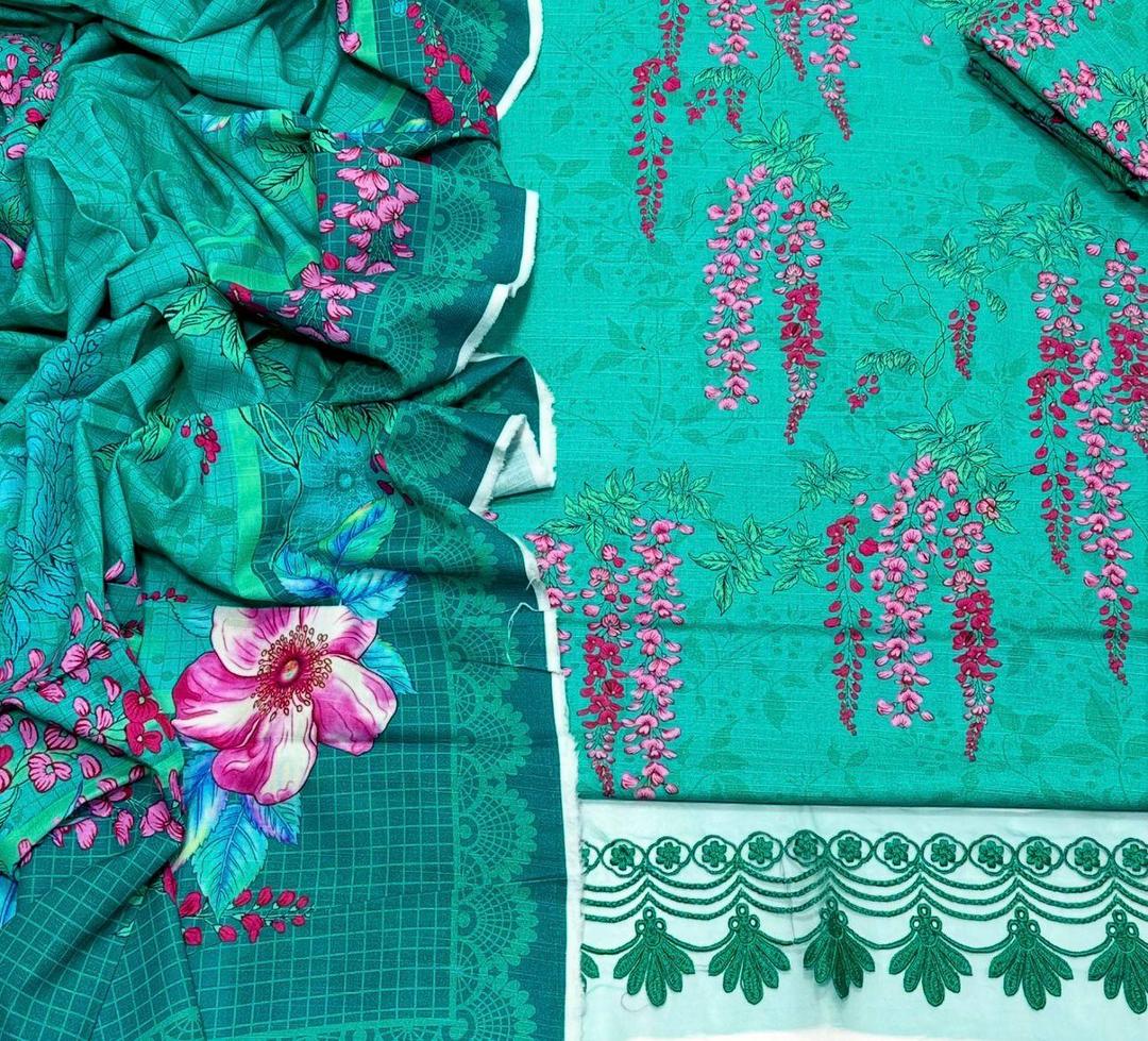 3 Pcs Women's Unstitched Khaddar Printed Embroidered Suit (blue).