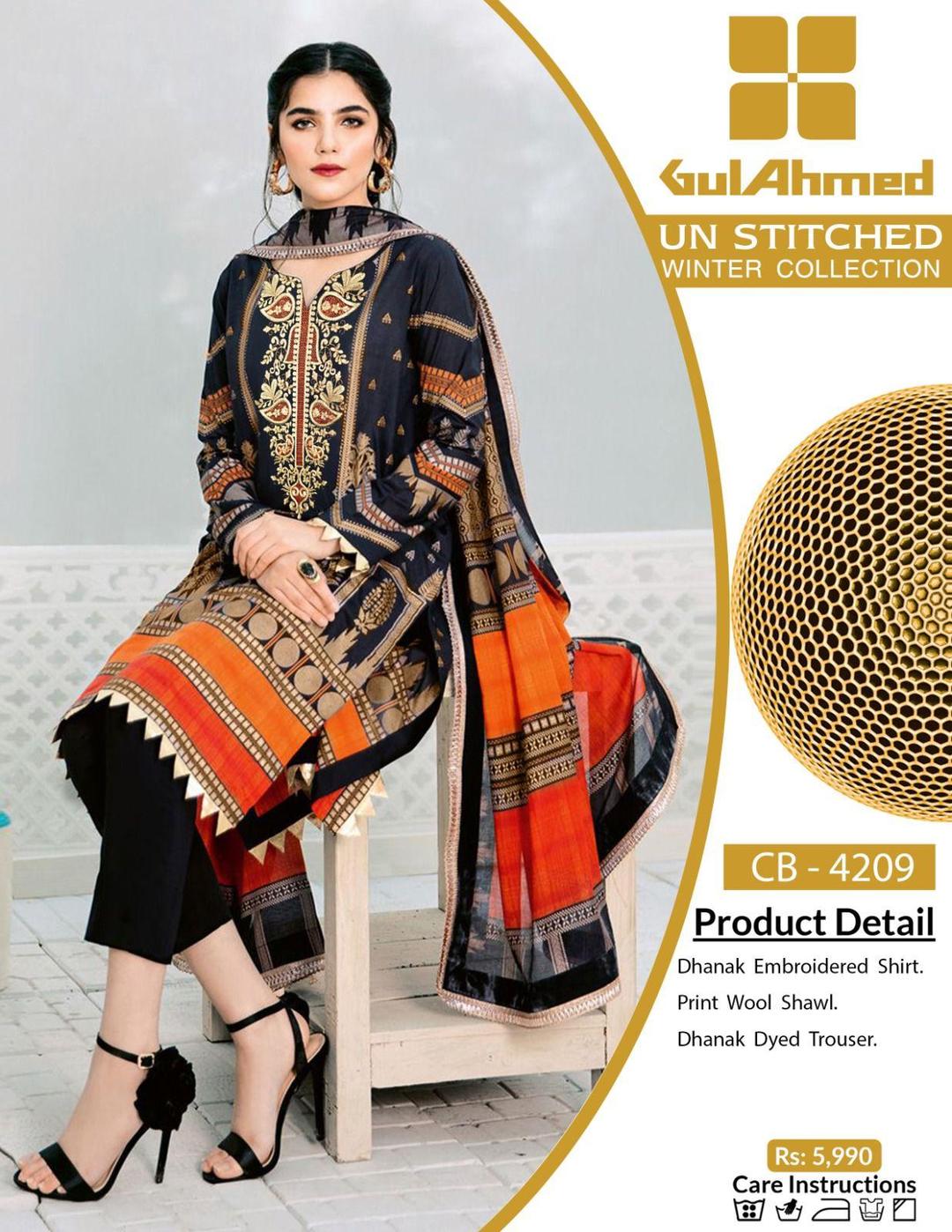 3 Pcs Women's Unstitched Dhanak Embroidered Suit (Black).