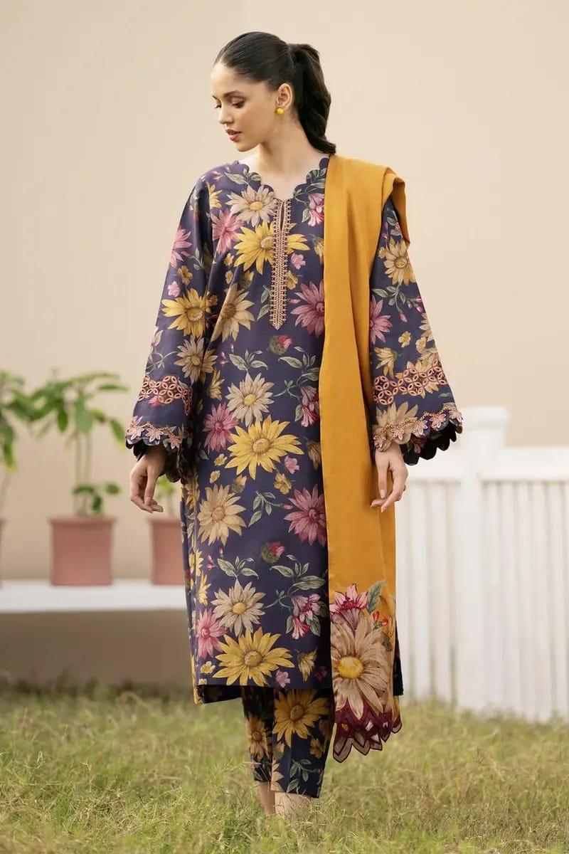 3 Pcs Women's Unstitched Viscose Digital Print Suit (Blue).