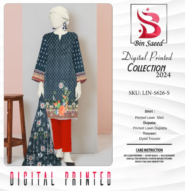 “bin Saeed Digital Printed Collection” 3pcs Lawn | Unstitched Collection Casual Wear