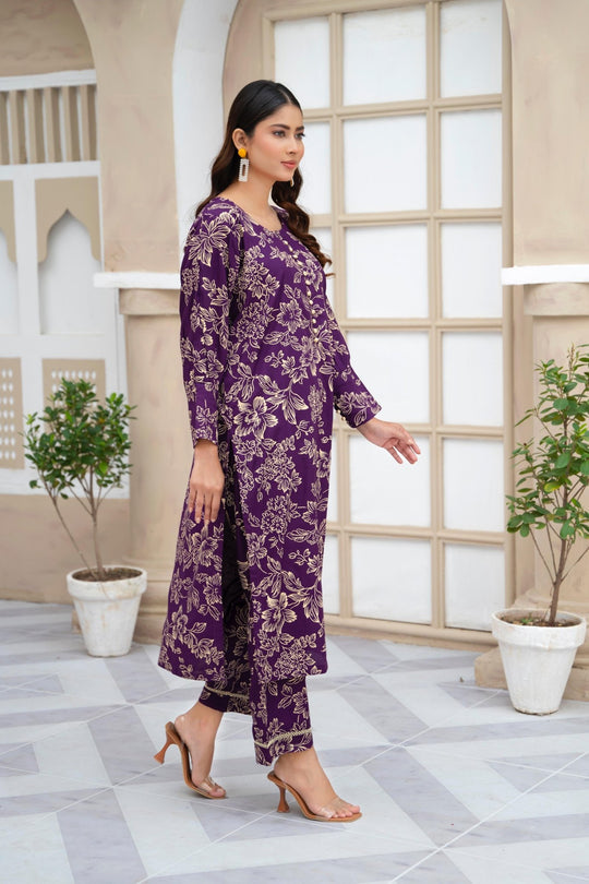 Flower Printed Suit Pcs Stitched Suit Stone Winter Linen Suit Winter Collection (purple)